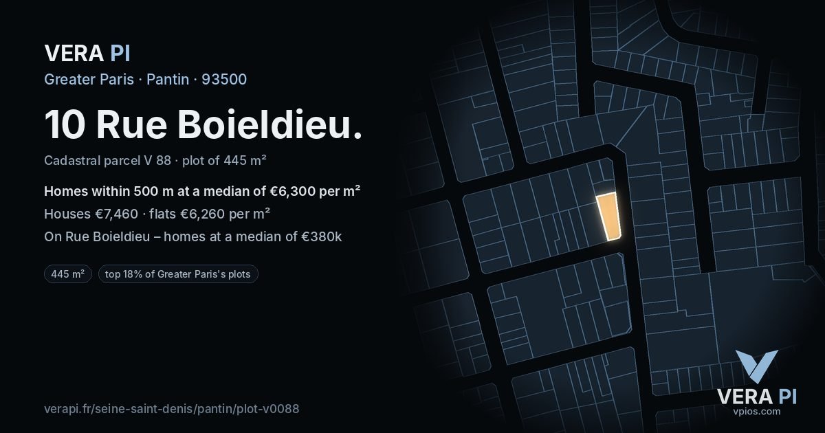 10 Rue Boieldieu, Pantin at night – the plot lit, the parcels around coloured by the prices near them