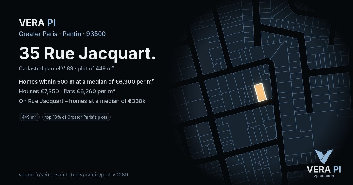 35 Rue Jacquart, Pantin at night – the plot lit, the parcels around coloured by the prices near them