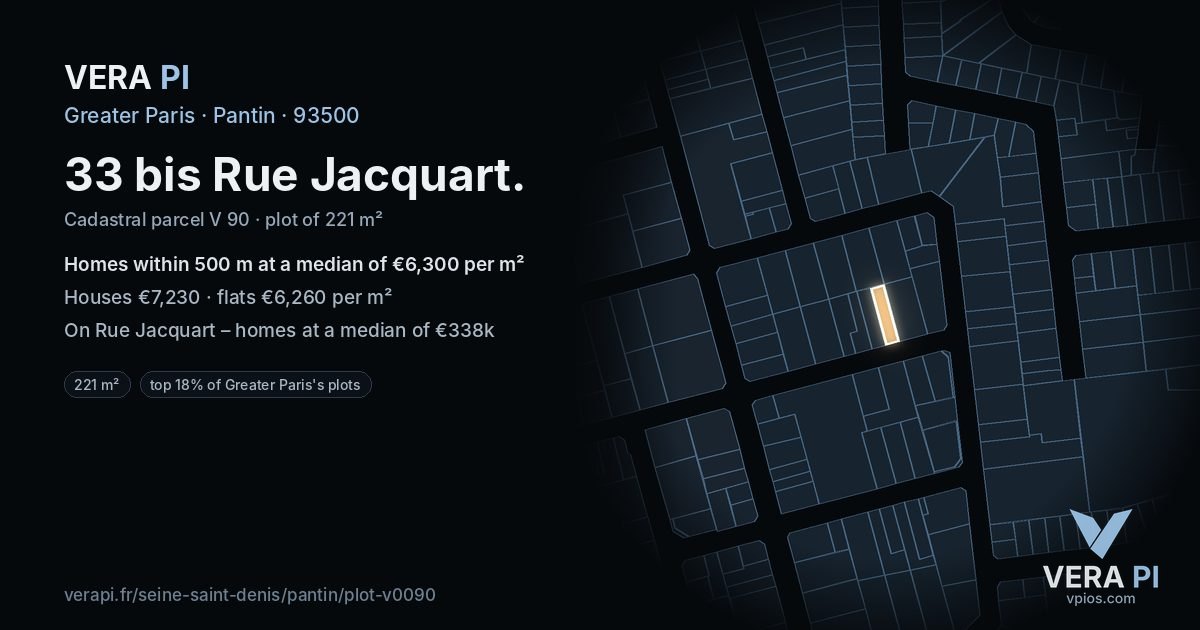 33 bis Rue Jacquart, Pantin at night – the plot lit, the parcels around coloured by the prices near them