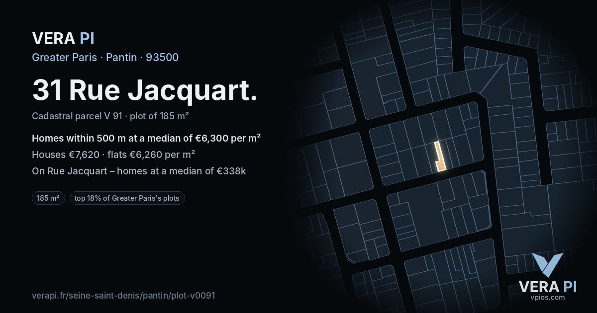31 Rue Jacquart, Pantin at night – the plot lit, the parcels around coloured by the prices near them