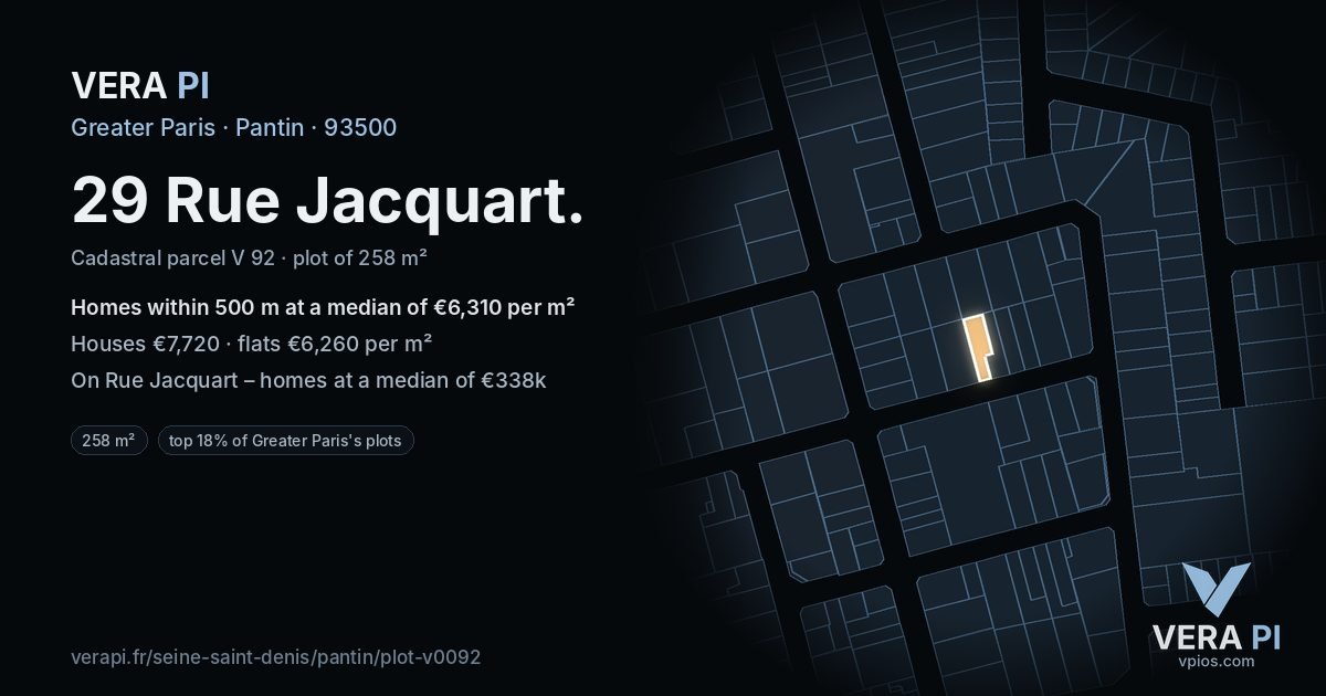 29 Rue Jacquart, Pantin at night – the plot lit, the parcels around coloured by the prices near them
