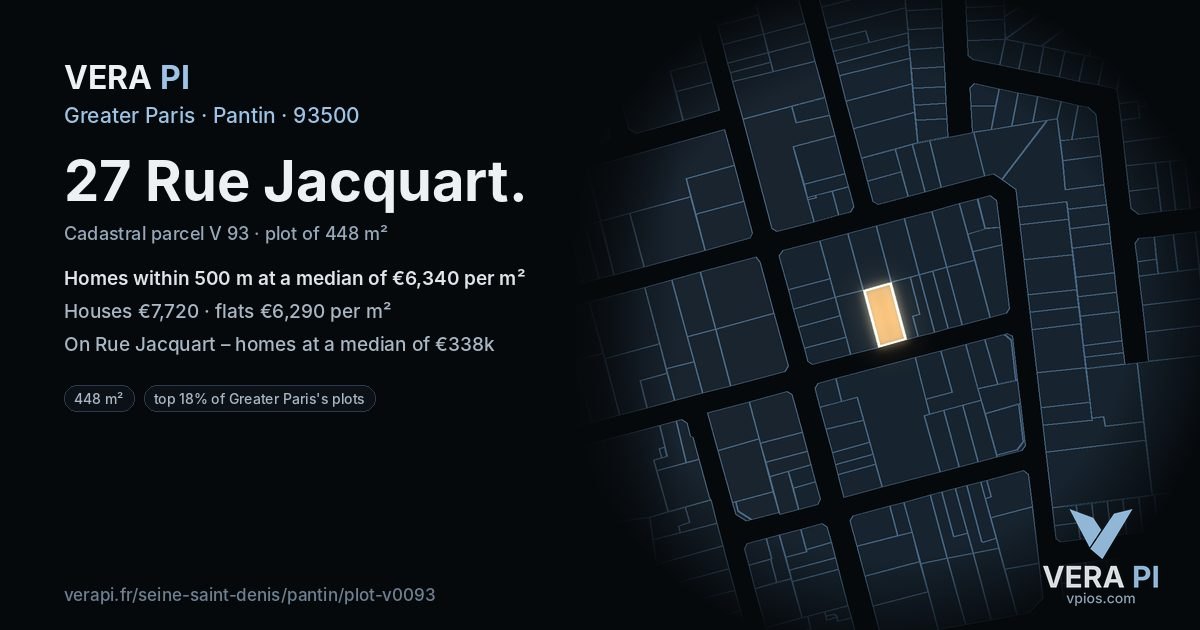 27 Rue Jacquart, Pantin at night – the plot lit, the parcels around coloured by the prices near them