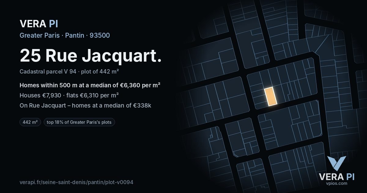 25 Rue Jacquart, Pantin at night – the plot lit, the parcels around coloured by the prices near them