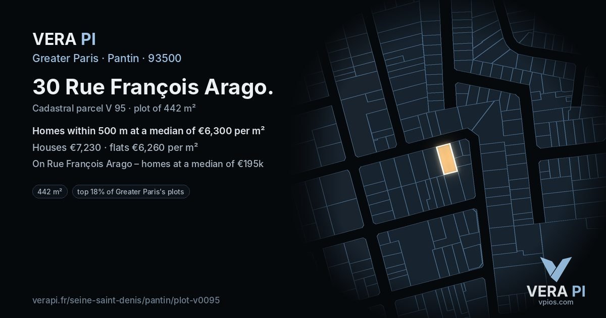 30 Rue François Arago, Pantin at night – the plot lit, the parcels around coloured by the prices near them