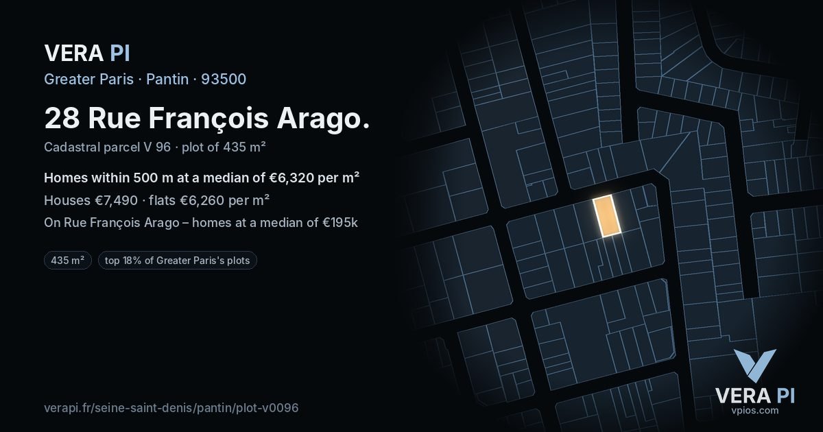 28 Rue François Arago, Pantin at night – the plot lit, the parcels around coloured by the prices near them
