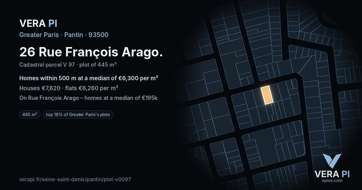 26 Rue François Arago, Pantin at night – the plot lit, the parcels around coloured by the prices near them