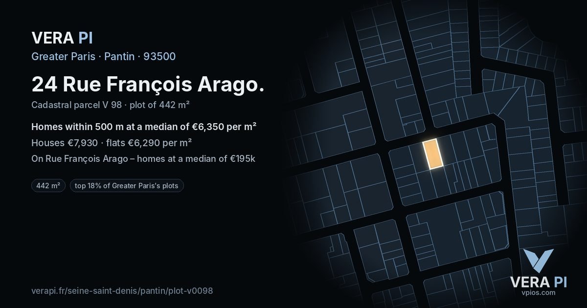 24 Rue François Arago, Pantin at night – the plot lit, the parcels around coloured by the prices near them