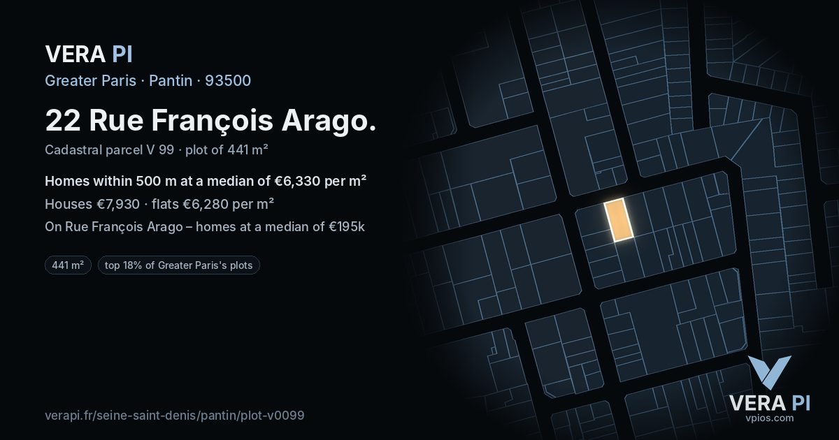 22 Rue François Arago, Pantin at night – the plot lit, the parcels around coloured by the prices near them