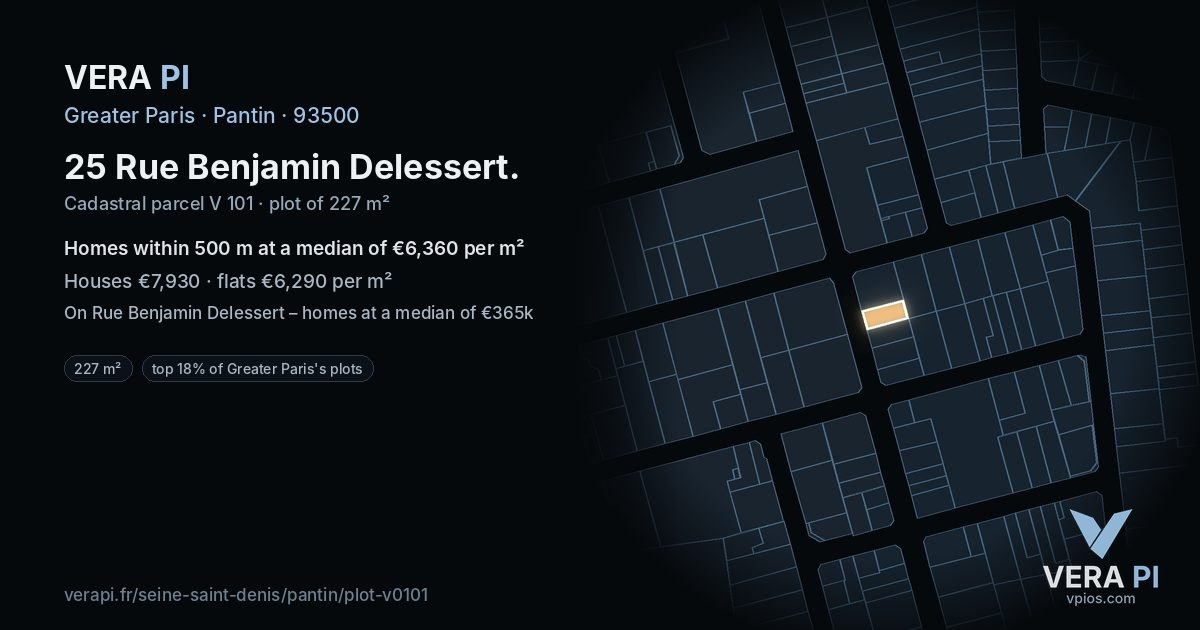 25 Rue Benjamin Delessert, Pantin at night – the plot lit, the parcels around coloured by the prices near them