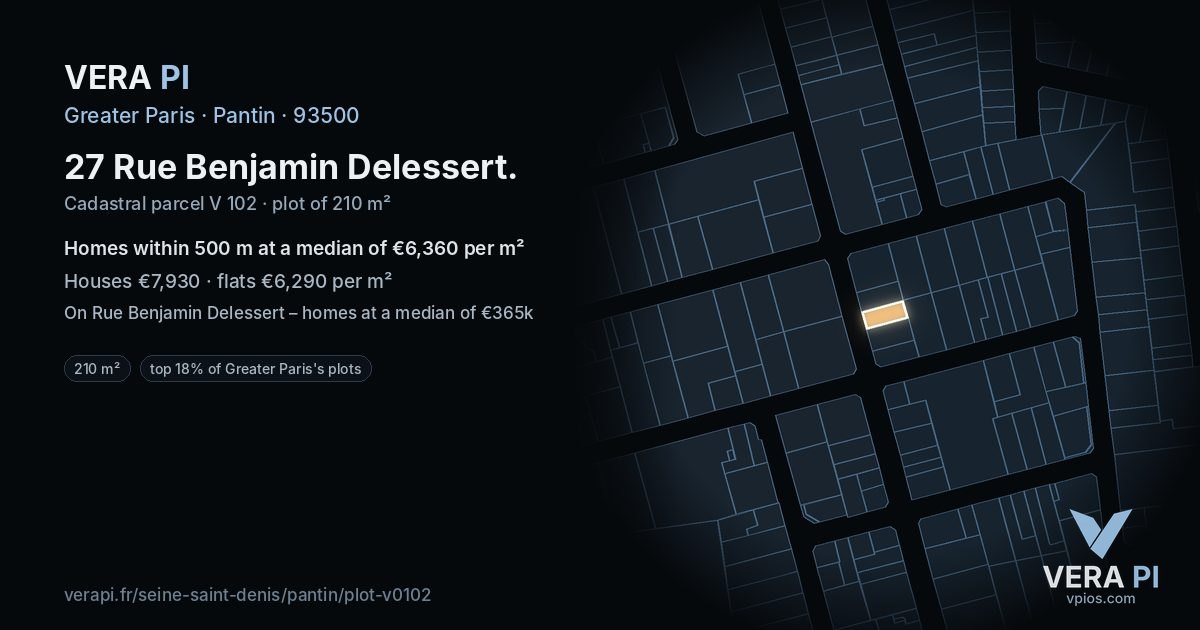 27 Rue Benjamin Delessert, Pantin at night – the plot lit, the parcels around coloured by the prices near them