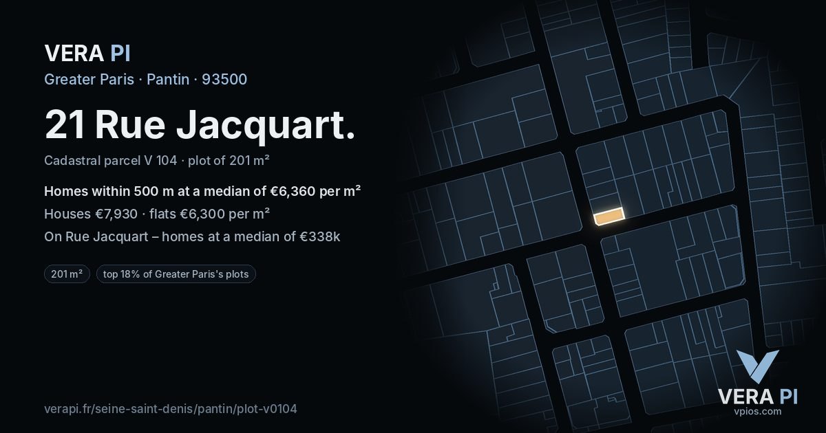 21 Rue Jacquart, Pantin at night – the plot lit, the parcels around coloured by the prices near them