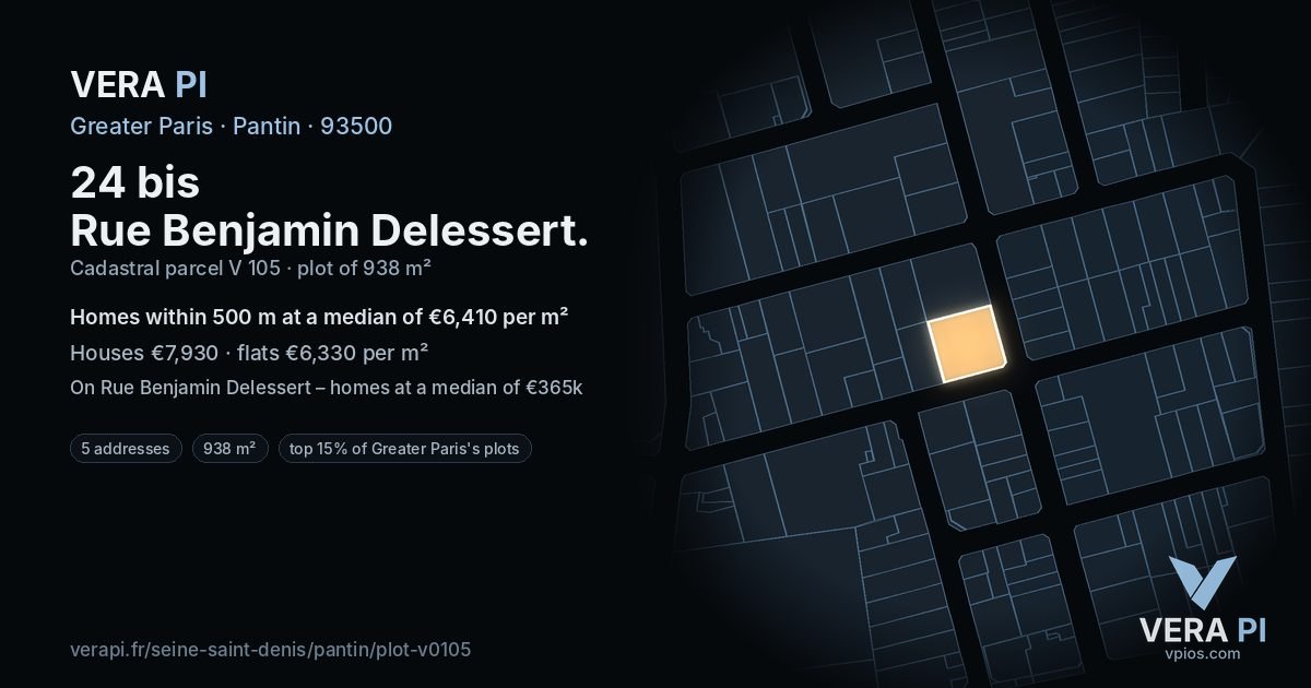 24 bis Rue Benjamin Delessert, Pantin at night – the plot lit, the parcels around coloured by the prices near them