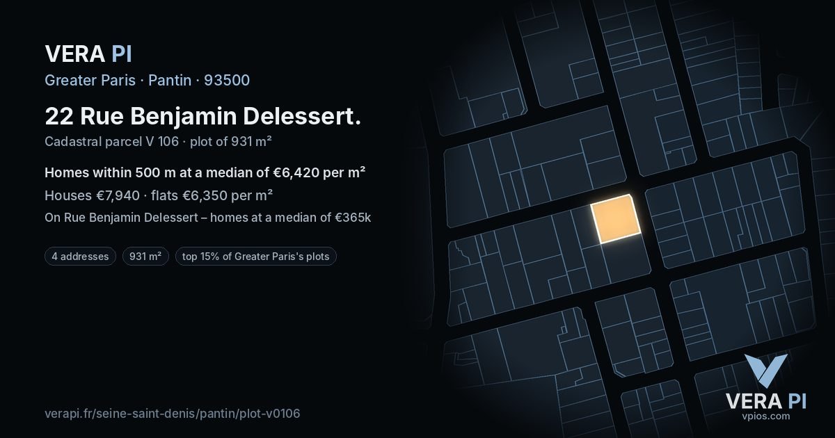 22 Rue Benjamin Delessert, Pantin at night – the plot lit, the parcels around coloured by the prices near them