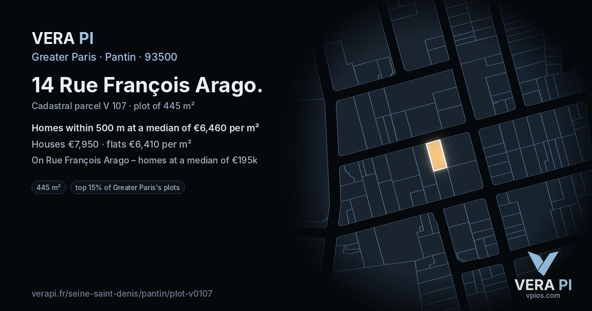 14 Rue François Arago, Pantin at night – the plot lit, the parcels around coloured by the prices near them