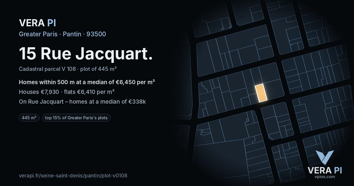 15 Rue Jacquart, Pantin at night – the plot lit, the parcels around coloured by the prices near them