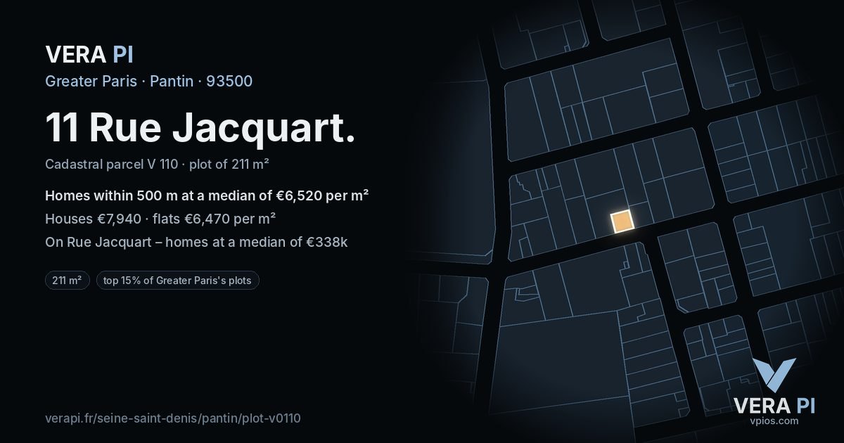 11 Rue Jacquart, Pantin at night – the plot lit, the parcels around coloured by the prices near them