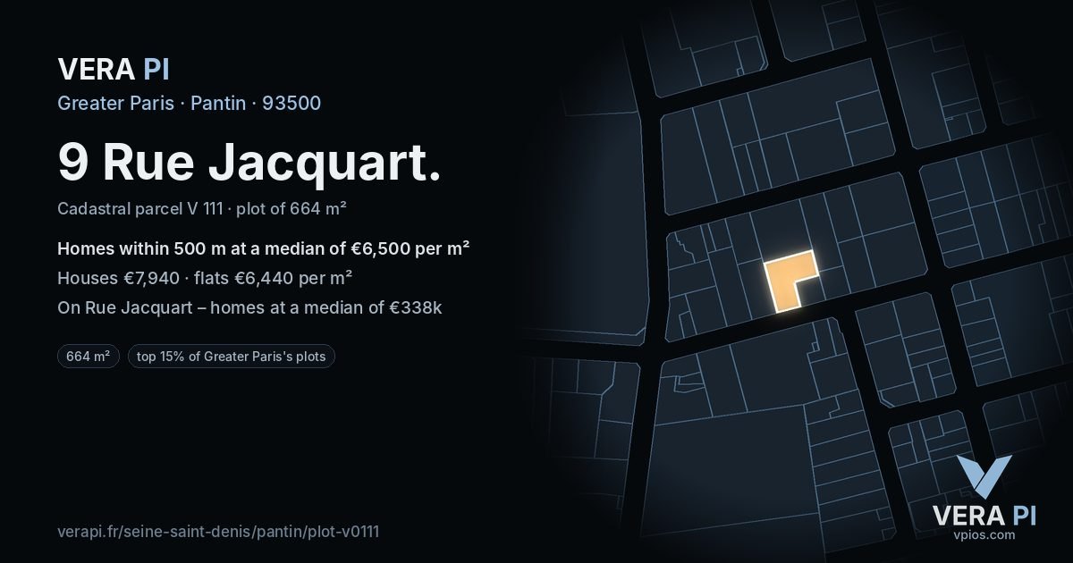 9 Rue Jacquart, Pantin at night – the plot lit, the parcels around coloured by the prices near them