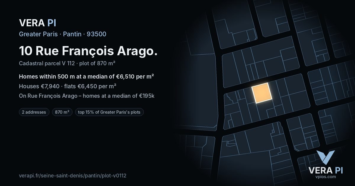 10 Rue François Arago, Pantin at night – the plot lit, the parcels around coloured by the prices near them