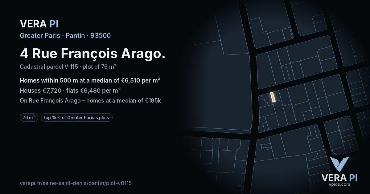 4 Rue François Arago, Pantin at night – the plot lit, the parcels around coloured by the prices near them