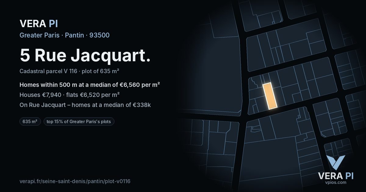 5 Rue Jacquart, Pantin at night – the plot lit, the parcels around coloured by the prices near them