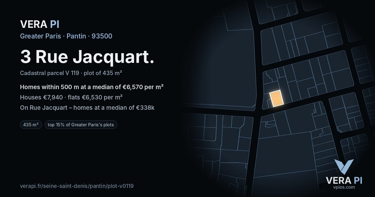 3 Rue Jacquart, Pantin at night – the plot lit, the parcels around coloured by the prices near them
