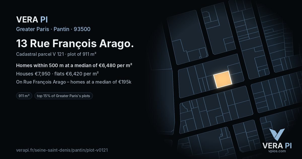 13 Rue François Arago, Pantin at night – the plot lit, the parcels around coloured by the prices near them