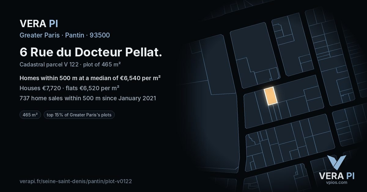 6 Rue du Docteur Pellat, Pantin at night – the plot lit, the parcels around coloured by the prices near them