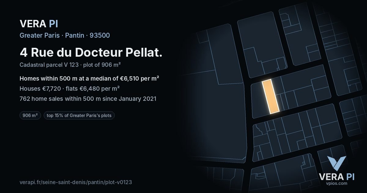4 Rue du Docteur Pellat, Pantin at night – the plot lit, the parcels around coloured by the prices near them