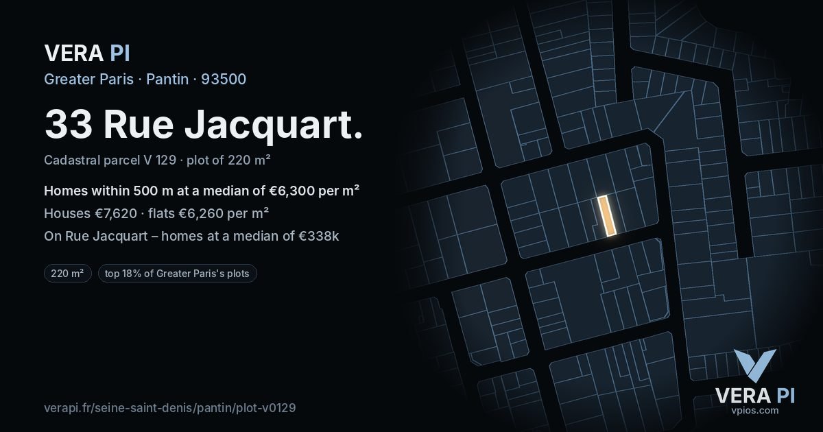 33 Rue Jacquart, Pantin at night – the plot lit, the parcels around coloured by the prices near them