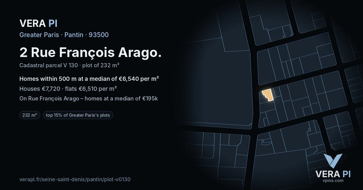 2 Rue François Arago, Pantin at night – the plot lit, the parcels around coloured by the prices near them