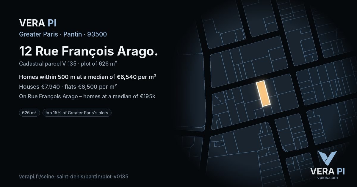 12 Rue François Arago, Pantin at night – the plot lit, the parcels around coloured by the prices near them