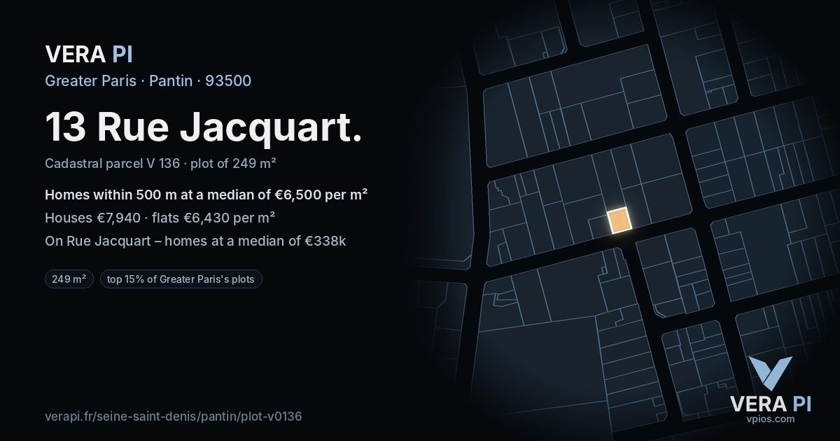 13 Rue Jacquart, Pantin at night – the plot lit, the parcels around coloured by the prices near them