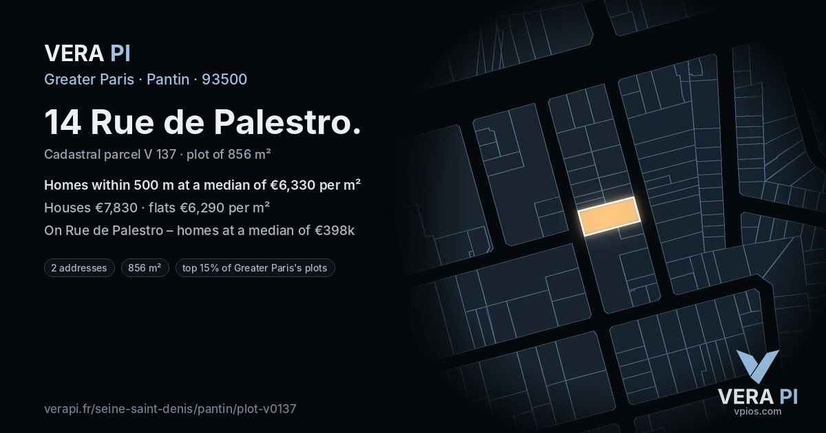 14 Rue de Palestro, Pantin at night – the plot lit, the parcels around coloured by the prices near them