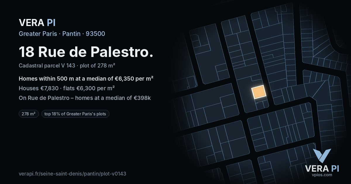 18 Rue de Palestro, Pantin at night – the plot lit, the parcels around coloured by the prices near them
