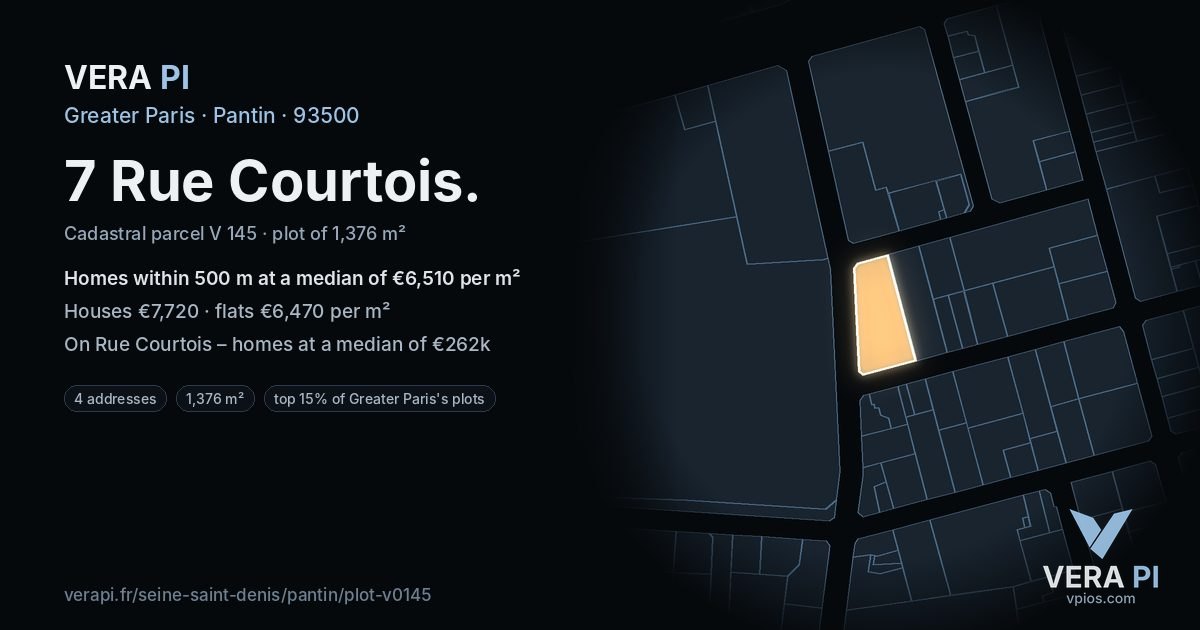 7 Rue Courtois, Pantin at night – the plot lit, the parcels around coloured by the prices near them