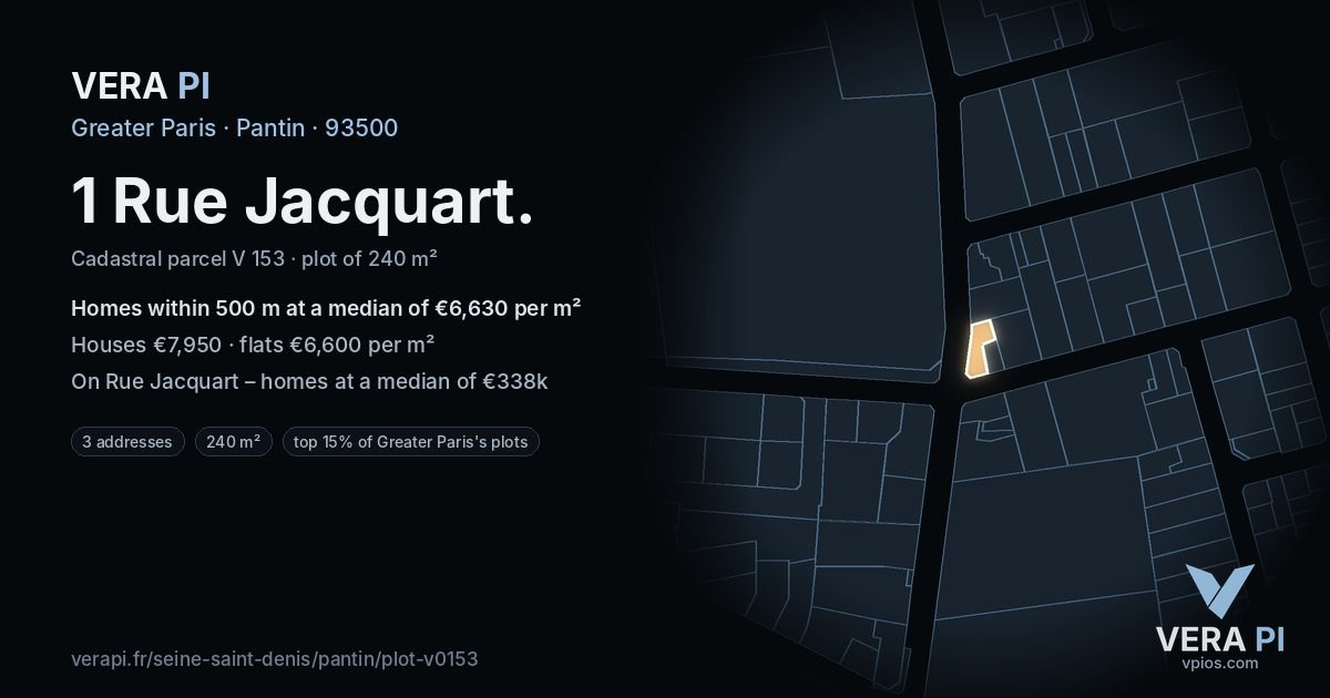 1 Rue Jacquart, Pantin at night – the plot lit, the parcels around coloured by the prices near them