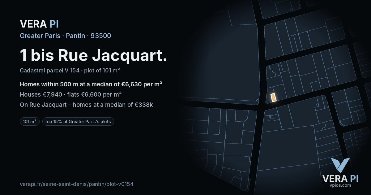 1 bis Rue Jacquart, Pantin at night – the plot lit, the parcels around coloured by the prices near them