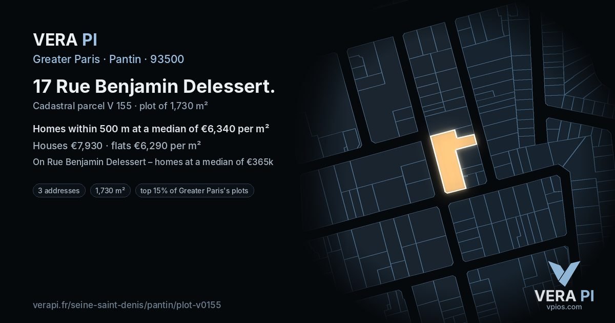 17 Rue Benjamin Delessert, Pantin at night – the plot lit, the parcels around coloured by the prices near them