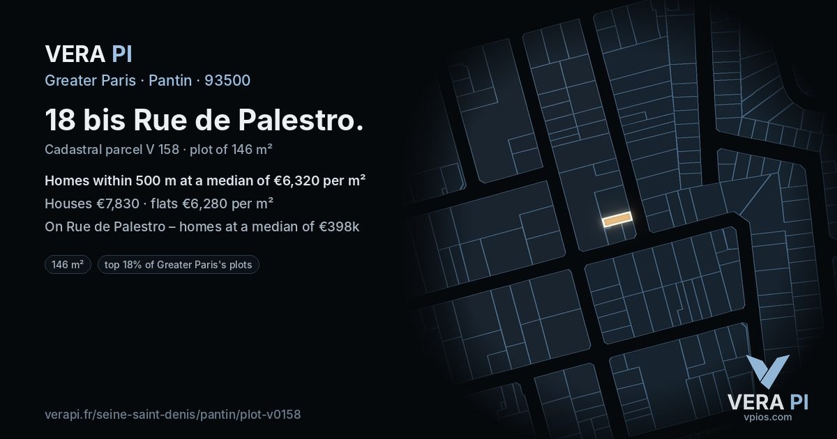 18 bis Rue de Palestro, Pantin at night – the plot lit, the parcels around coloured by the prices near them