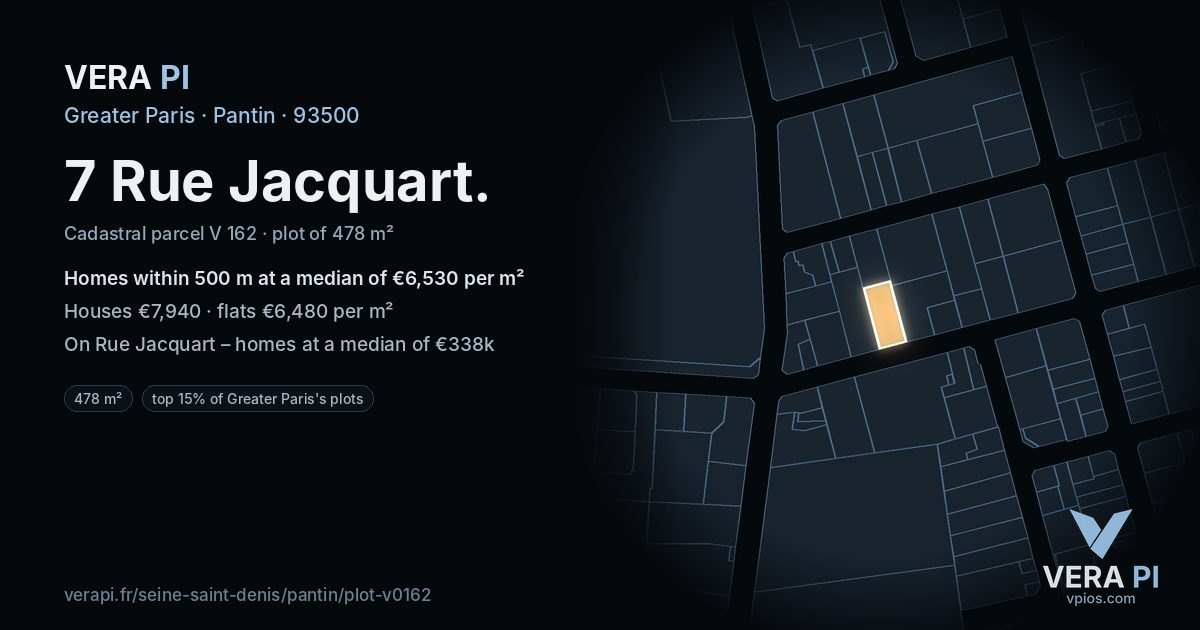 7 Rue Jacquart, Pantin at night – the plot lit, the parcels around coloured by the prices near them