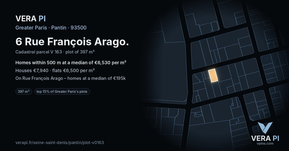 6 Rue François Arago, Pantin at night – the plot lit, the parcels around coloured by the prices near them