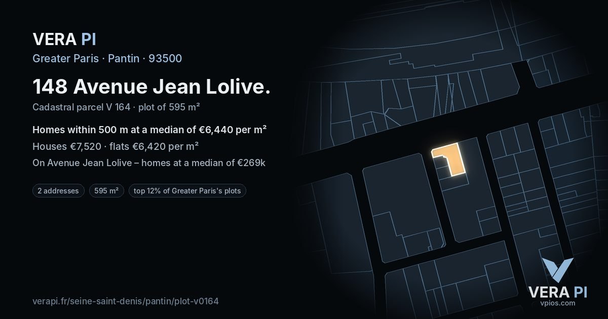 148 Avenue Jean Lolive, Pantin at night – the plot lit, the parcels around coloured by the prices near them