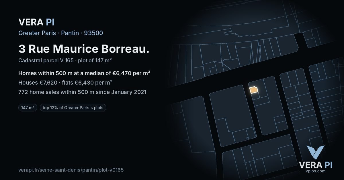 3 Rue Maurice Borreau, Pantin at night – the plot lit, the parcels around coloured by the prices near them