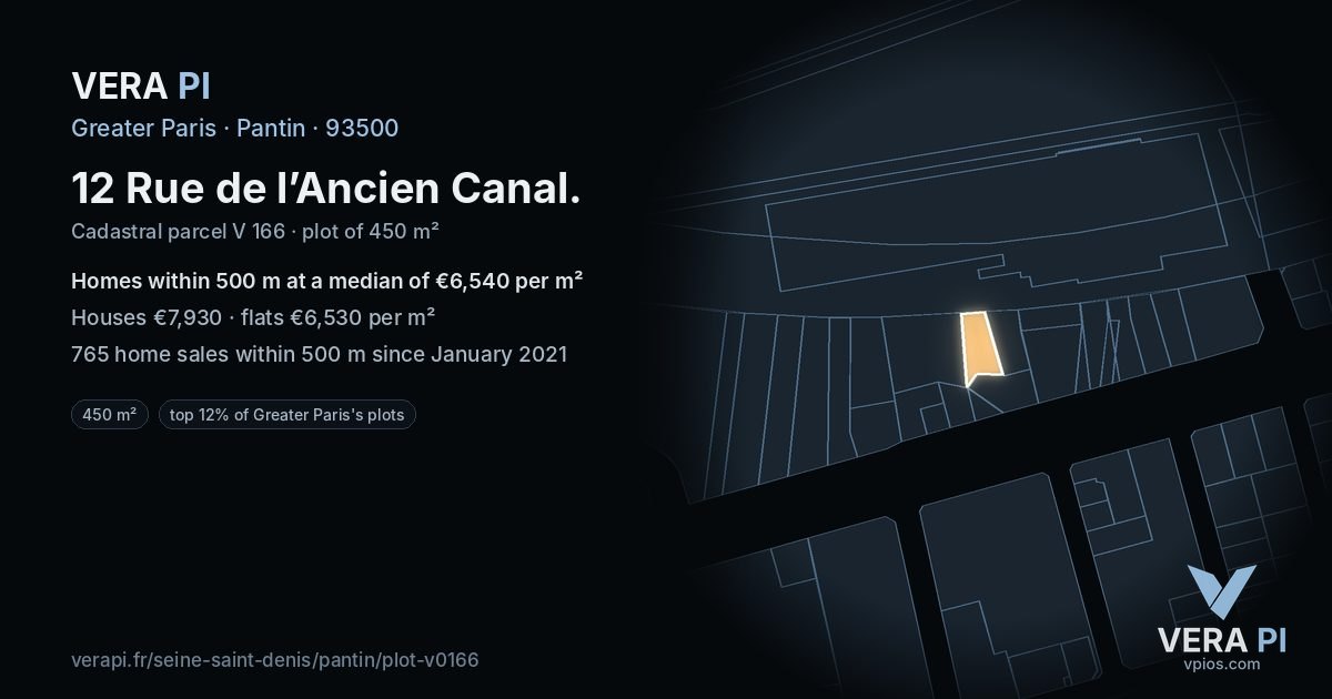 12 Rue de l’Ancien Canal, Pantin at night – the plot lit, the parcels around coloured by the prices near them