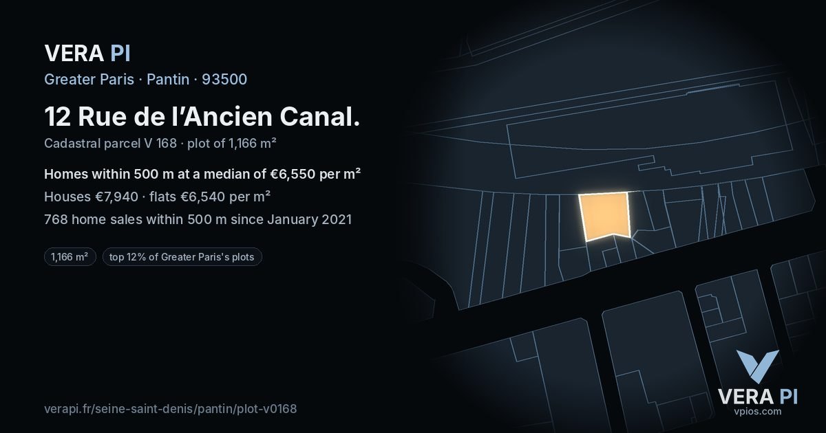 12 Rue de l’Ancien Canal, Pantin at night – the plot lit, the parcels around coloured by the prices near them