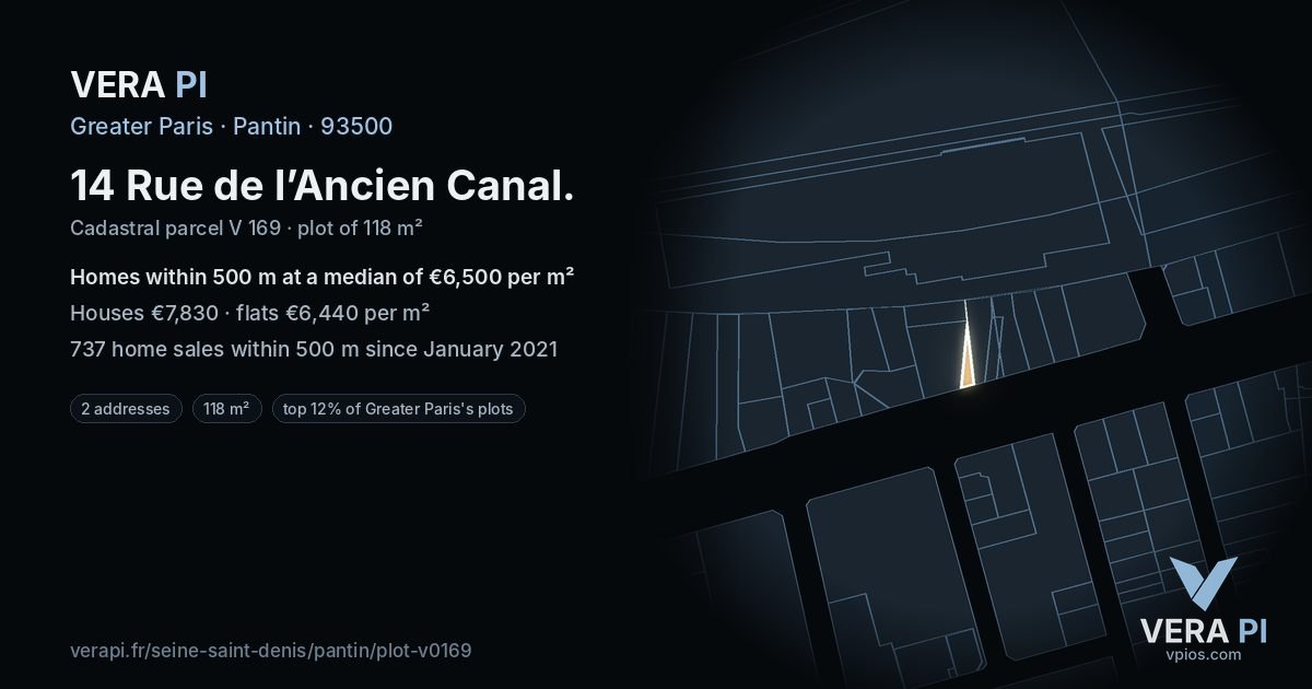 14 Rue de l’Ancien Canal, Pantin at night – the plot lit, the parcels around coloured by the prices near them