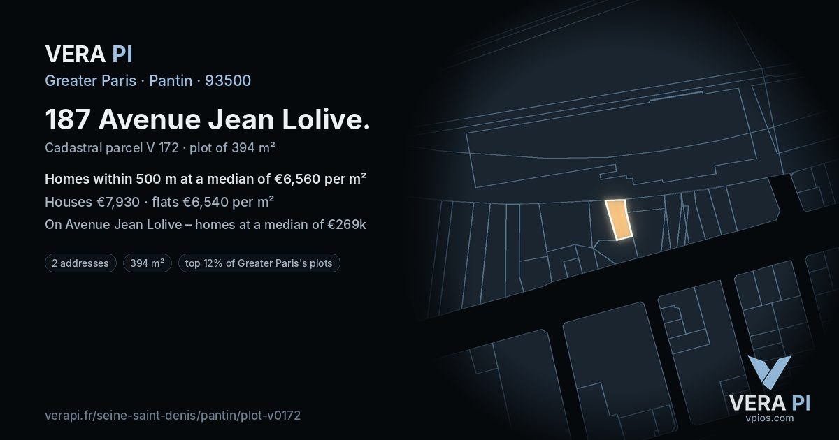 187 Avenue Jean Lolive, Pantin at night – the plot lit, the parcels around coloured by the prices near them