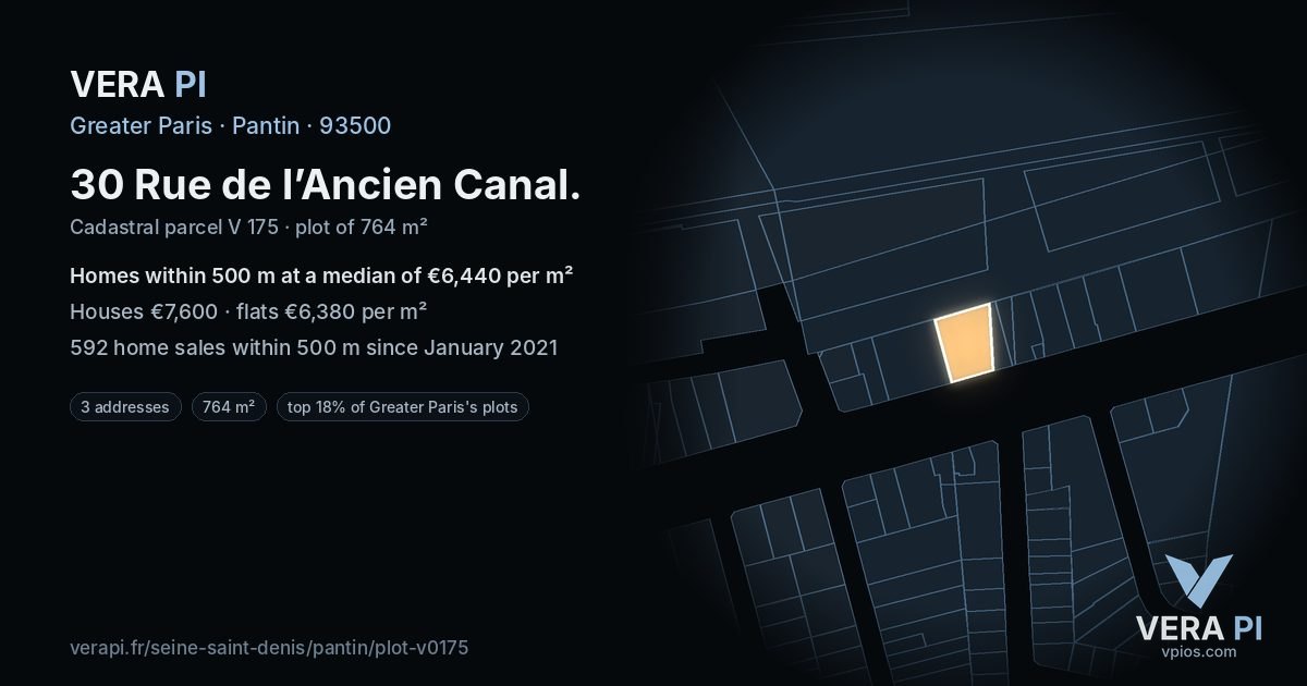 30 Rue de l’Ancien Canal, Pantin at night – the plot lit, the parcels around coloured by the prices near them