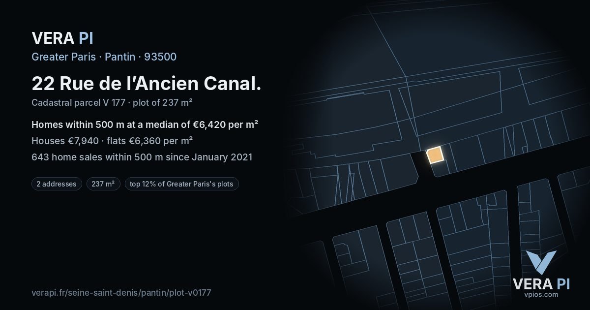 22 Rue de l’Ancien Canal, Pantin at night – the plot lit, the parcels around coloured by the prices near them