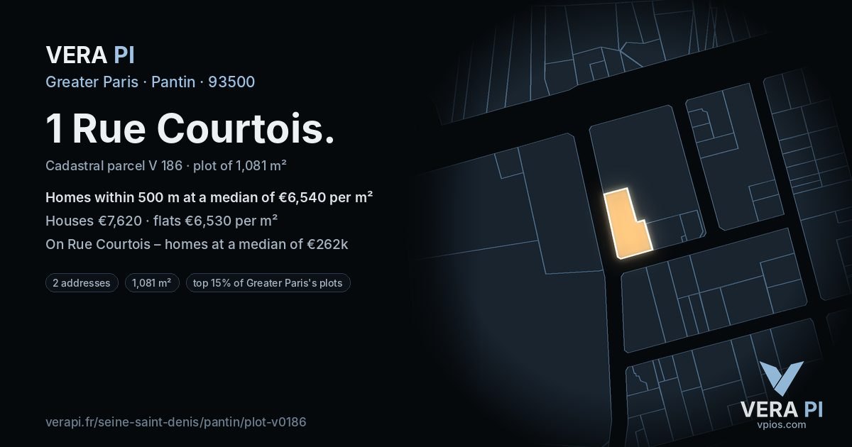 1 Rue Courtois, Pantin at night – the plot lit, the parcels around coloured by the prices near them